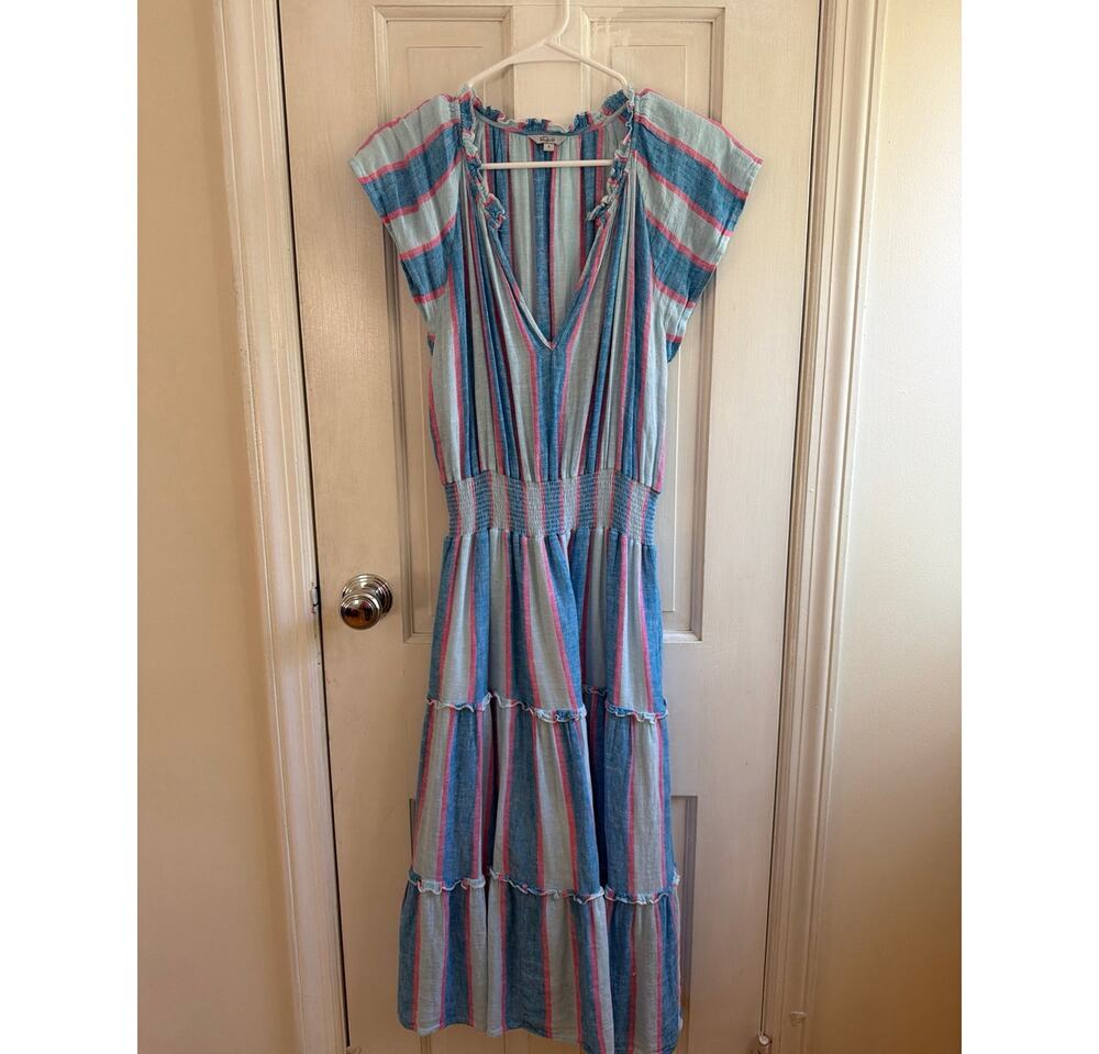 Rails Womens Size S Blue Pink Striped Linen Blend Midi Dress Amellia Summer EUC